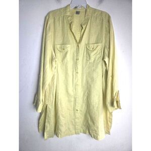 Edward Women Yellow 100% Linen Button Down Tunic Band Collar Blouse size 2X